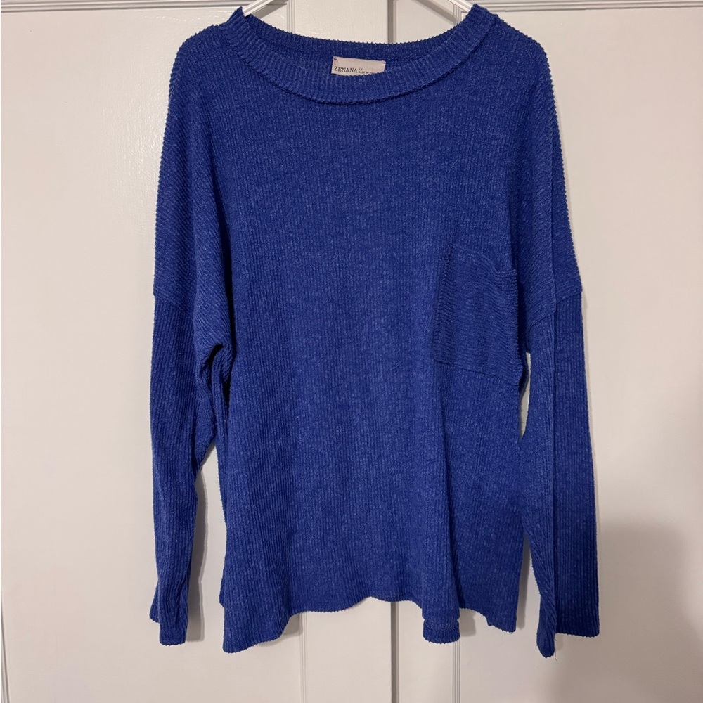 Blue Ribbed Knit Sweater